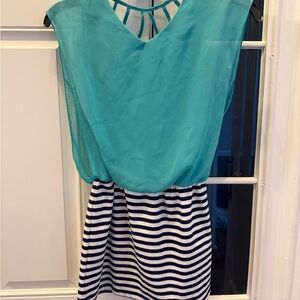 Turquoise Blouson Top with Navy & White Striped Skirt Dress